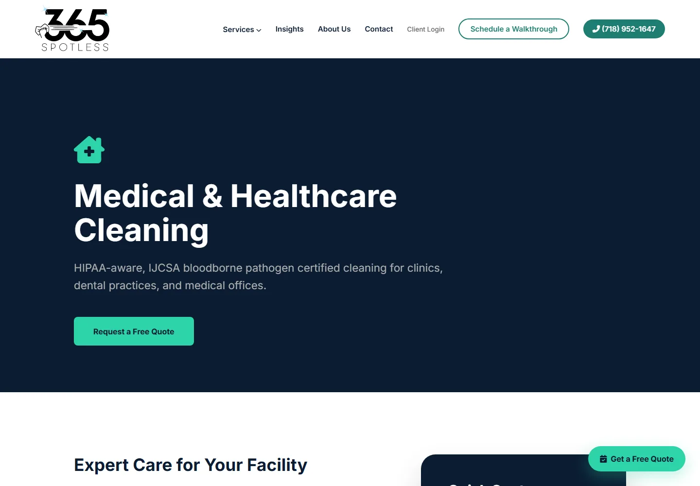 A dedicated medical-cleaning page gives facility buyers relevant proof and a contextual quote path.