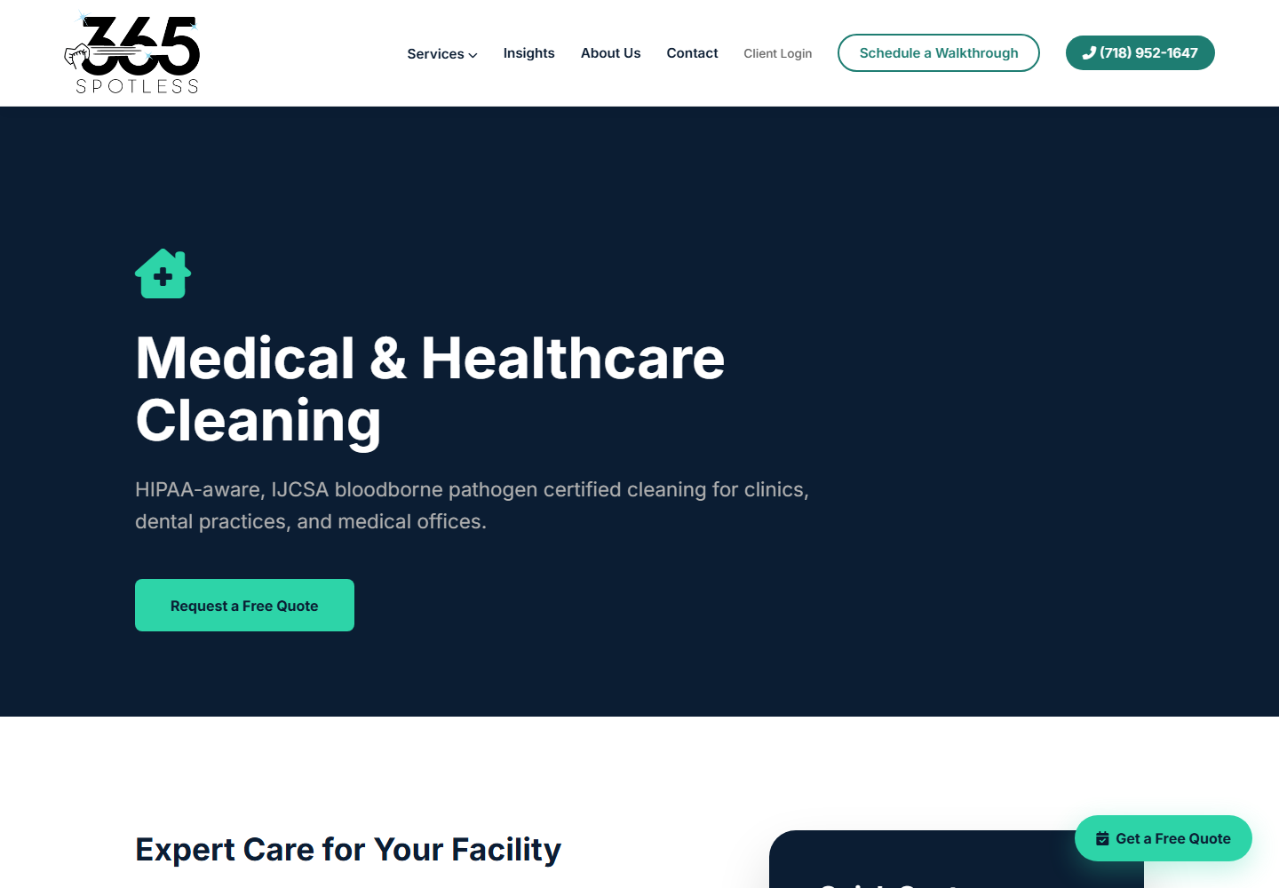 A dedicated medical-cleaning page gives facility buyers relevant proof and a contextual quote path.